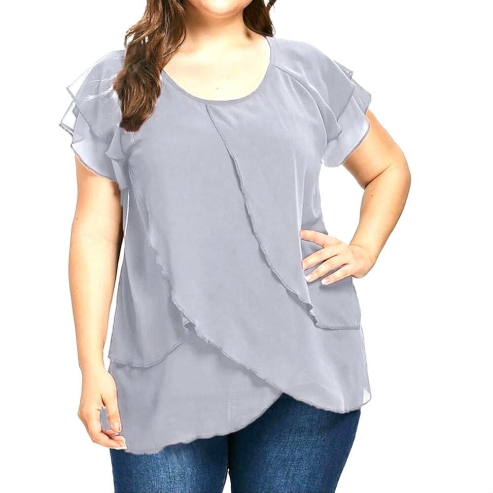 Cellable Chiffon Sheer Blouse Ruffle Sleeves Gray Women's Size XL Flowy Casual